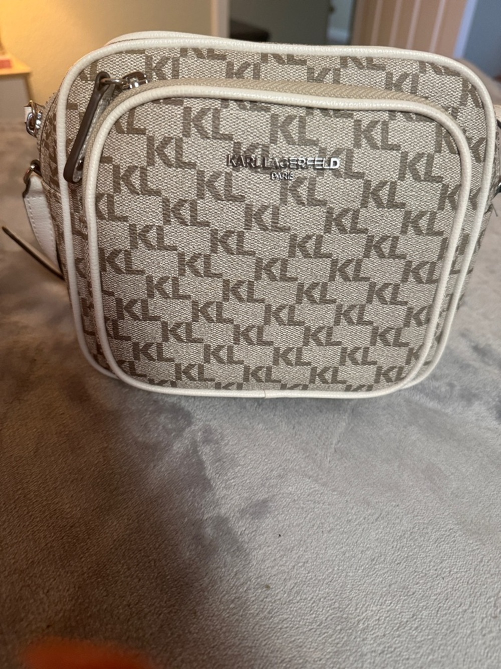 Karl Lagerfeld Beige and White KL Logo Crossbody Bag